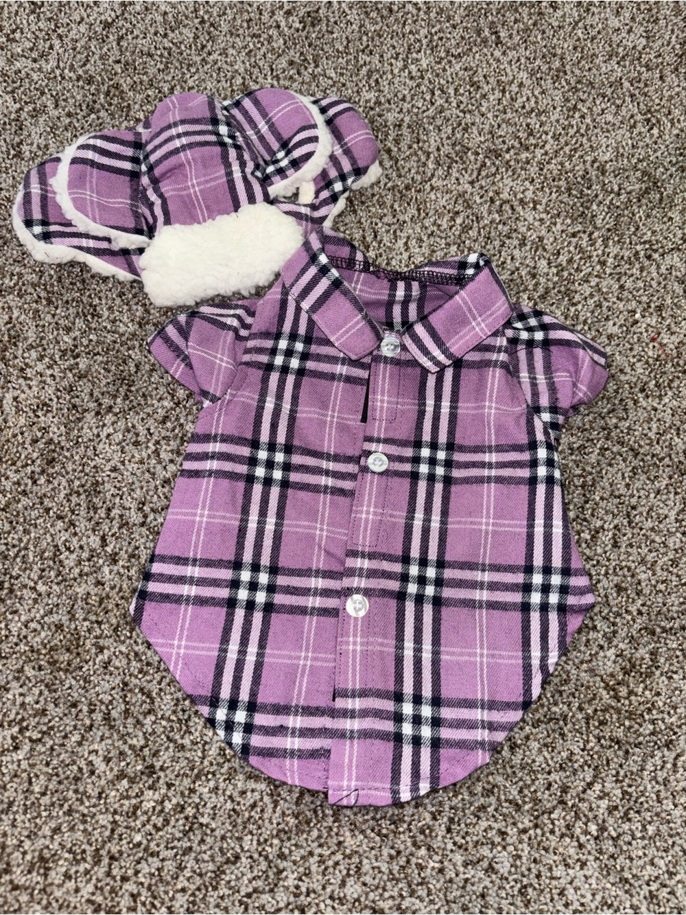 Plaid Purple Dog Shirt with Matching Sherpa Hat